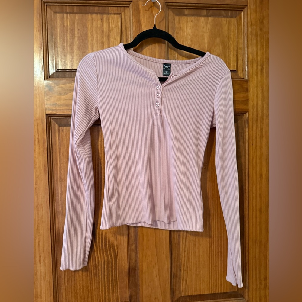 Dazy Light Pink S Ribbed Long Sleeve Henley Top